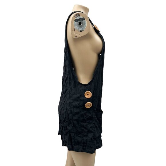 V-Neck Front Pockets Sleeveless Romper Wooden Buttons Crinkled Texture Black M - Picture 3 of 10